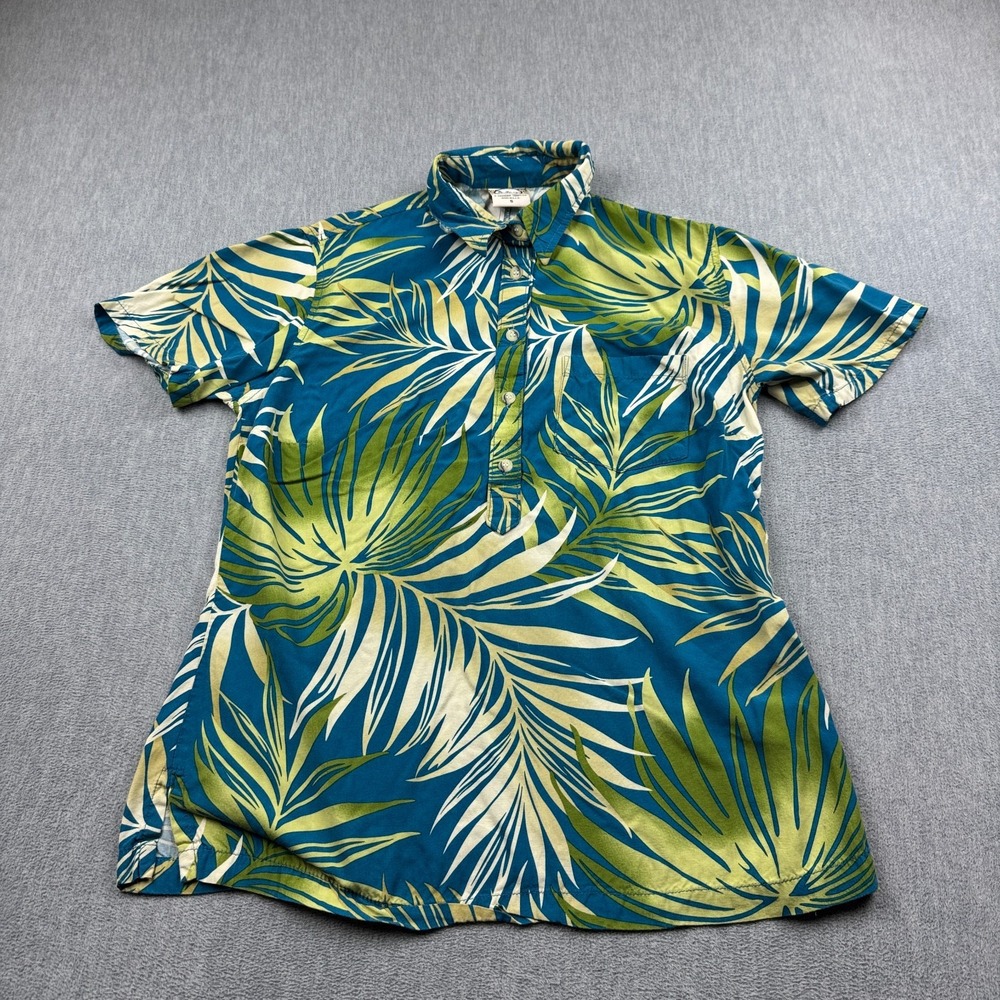 Vintage Go Barefoot Shirt Women Blue Small Hawaiian 1/2 Button Pullover Made USA